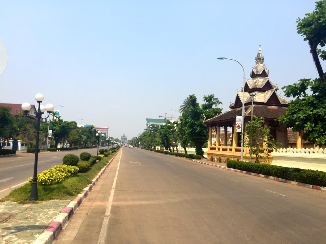 Avenue Lane Xang with the Patuxai monument  or Arc du Triomphe de Vientiane at the end