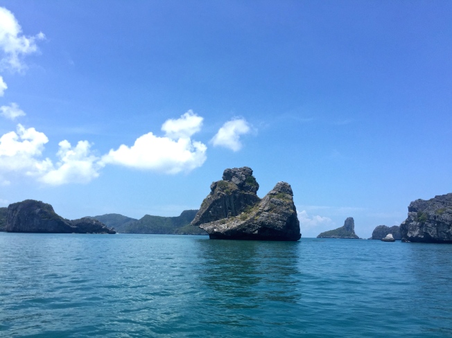 Sailing south in Angthong Park. The big rock in the middle is called Monkey Island because apparently it looks like a monkey